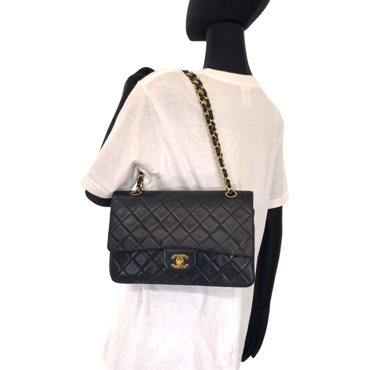 CHANEL シャネル ヴィンテージ マトラッセ25 ダブルフラップ ココマーク ターンロック ブラック 黒 ゴールド金具 ラムスキン チェーンショルダー 肩掛け  レディース