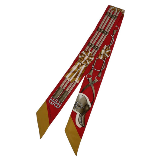 10709
HERMES エルメス ツイリー JUMPING レッド ブラウン マルチカラー シルク スカーフ リボン  レディース