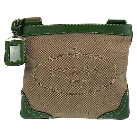 10728
PRADA プラダ ロゴジャガード 男女兼用 ベージュ グリーン シルバー金具 キャンバス / レザー 斜め掛け ショルダーバッグ メッセンジャーバッグ  メンズ