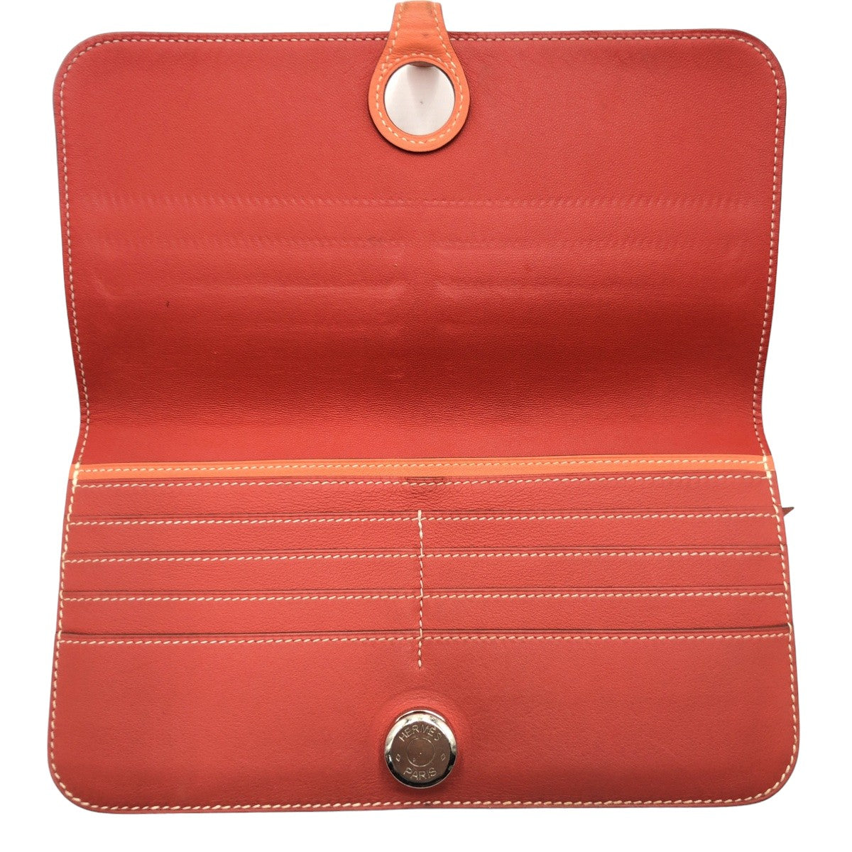 10729
 
HERMES Dogon Long Red Sanguine Crevette Leather Long Wallet O Stamp Women's