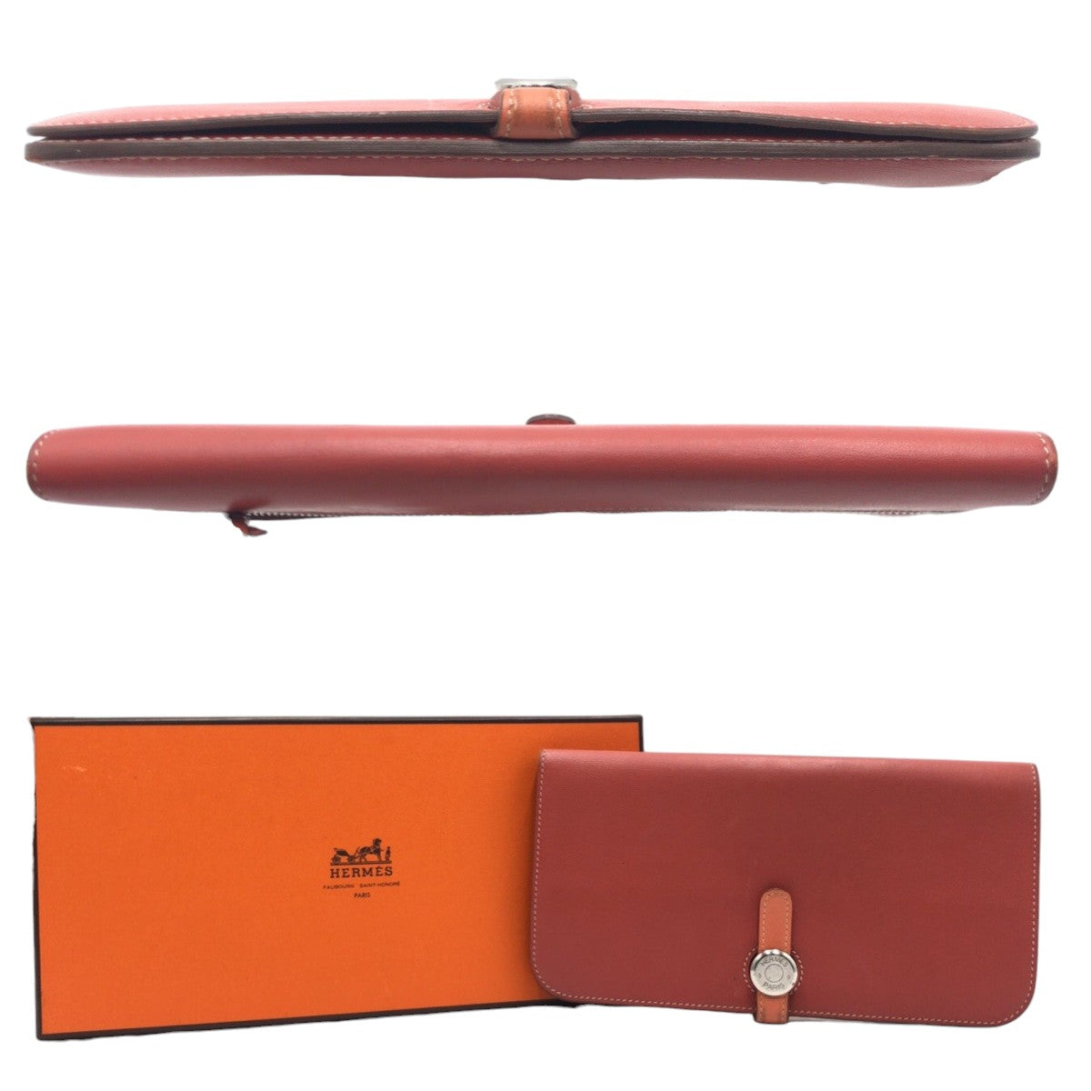 10729
 
HERMES Dogon Long Red Sanguine Crevette Leather Long Wallet O Stamp Women's