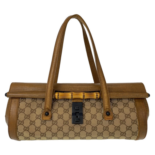 GUCCI グッチ バンブー ベージュ ブラウン キャメル ブラック金具 GGキャンバス / レザー 111715 トートバッグ 肩掛け 筒型  レディース