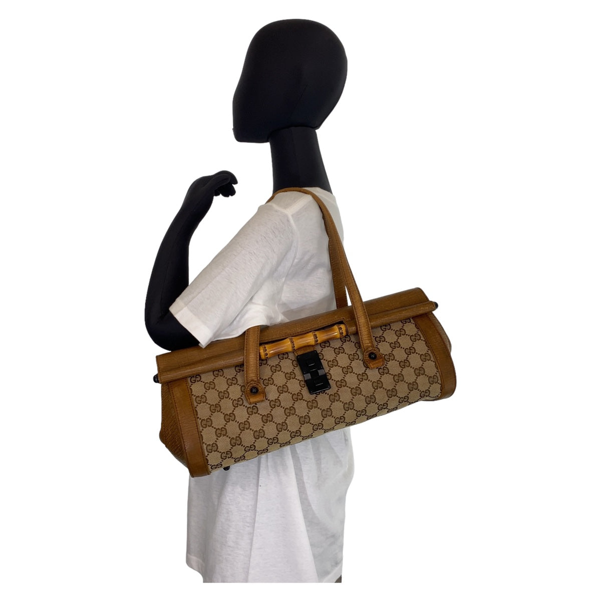 GUCCI グッチ バンブー ベージュ ブラウン キャメル ブラック金具 GGキャンバス / レザー 111715 トートバッグ 肩掛け 筒型  レディース