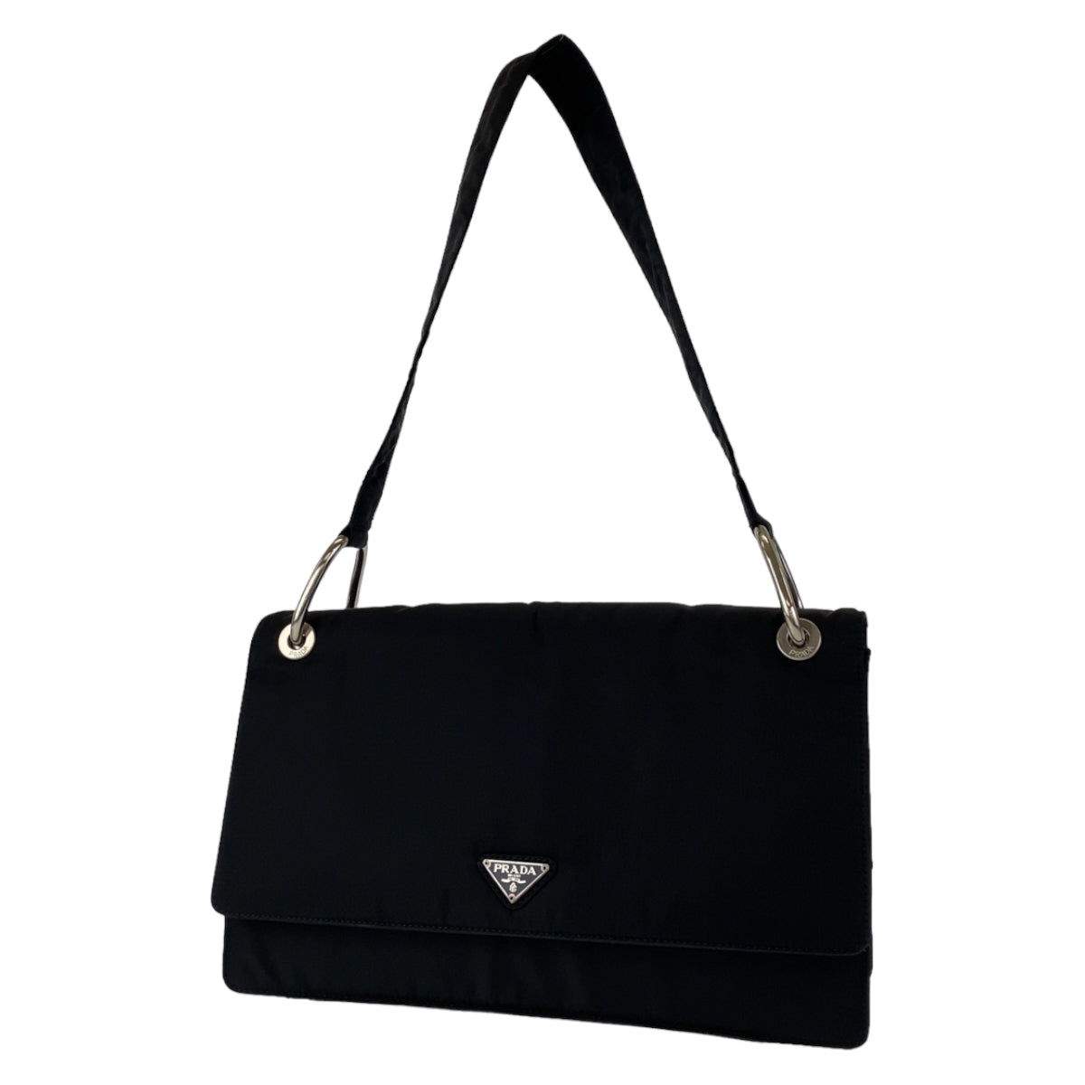 PRADA Tessuto Triangle Logo Plate Black Silver Hardware Nylon Shoulder Bag for Women
