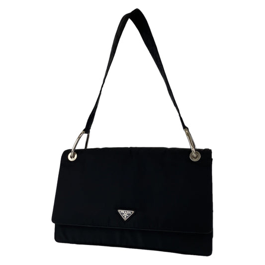 PRADA Tessuto Triangle Logo Plate Black Silver Hardware Nylon Shoulder Bag for Women