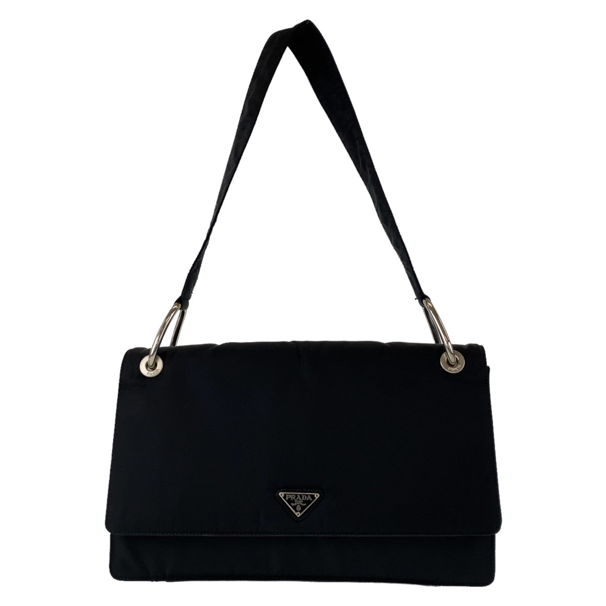 PRADA Tessuto Triangle Logo Plate Black Silver Hardware Nylon Shoulder Bag for Women