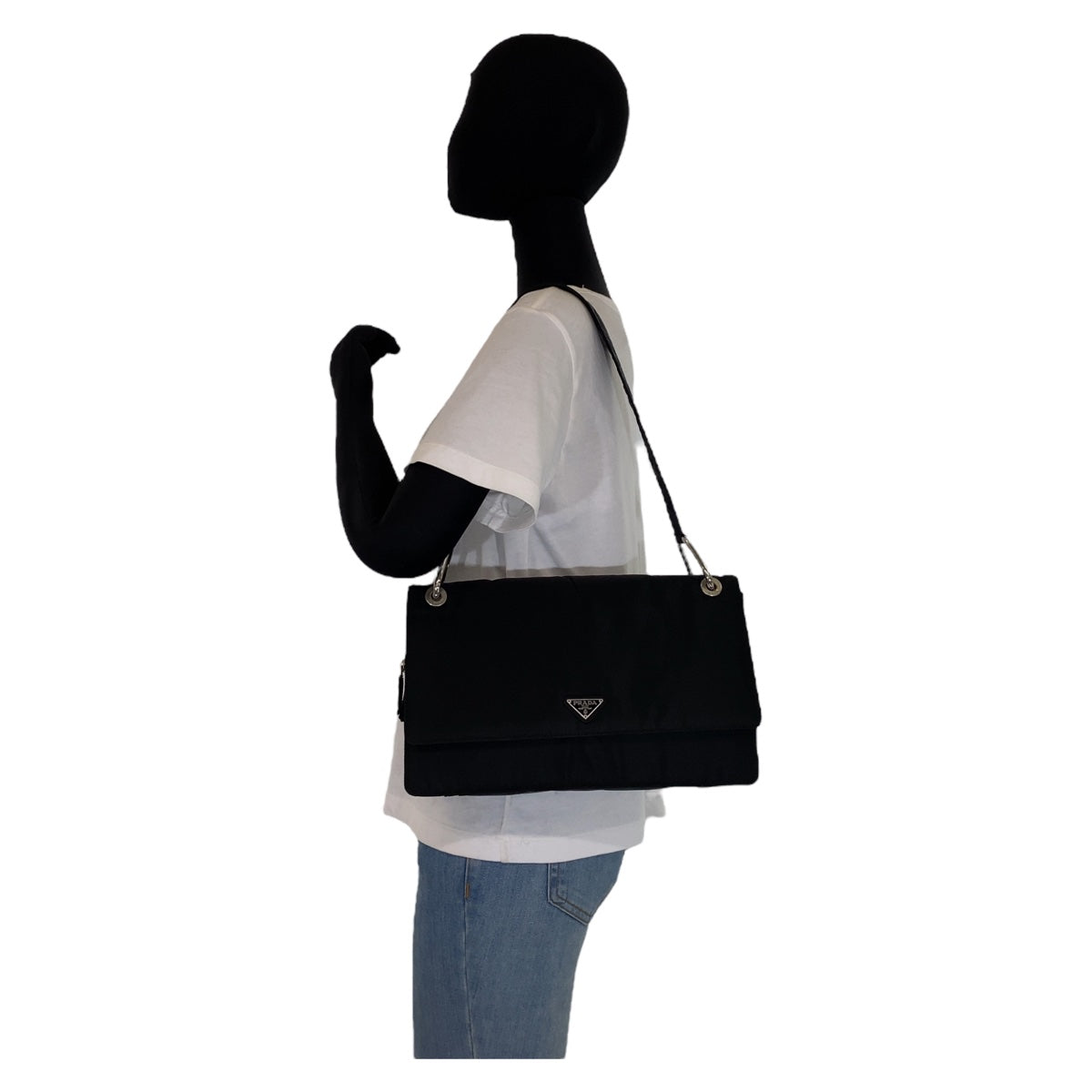 PRADA Tessuto Triangle Logo Plate Black Silver Hardware Nylon Shoulder Bag for Women