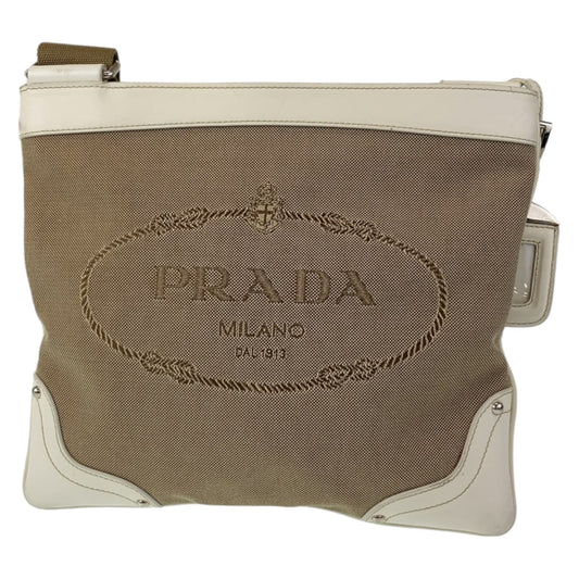 10742
PRADA プラダ ジャガード ベージュ ホワイト シルバー金具 キャンバス / レザー 斜め掛け ショルダーバッグ メッセンジャーバッグ  レディース