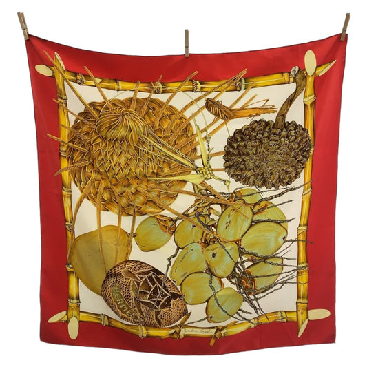 12511
HERMES エルメス JARDIN CREOLE カレ90 レッド マルチカラー シルク スカーフ  レディース