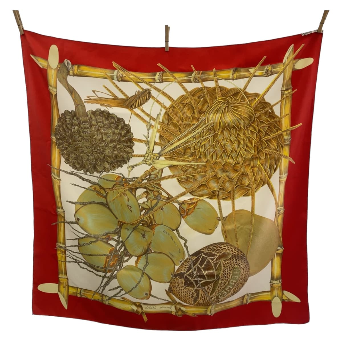12511
HERMES エルメス JARDIN CREOLE カレ90 レッド マルチカラー シルク スカーフ  レディース