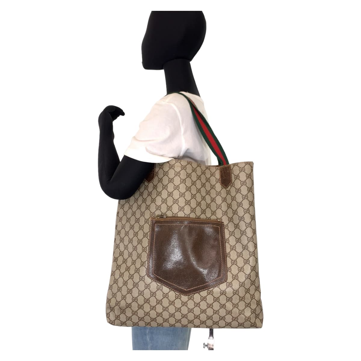 GUCCI グッチ ヴィンテージ オールドグッチ シェリーライン グレー ブラウン 茶 GGスプリームキャンバス / レザー ショルダーバッグ トートバッグ  レディース