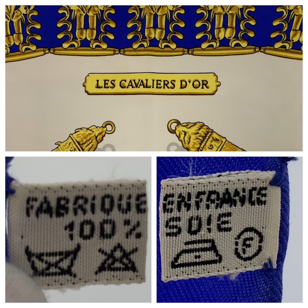 10758
HERMES エルメス LES CAVALIERS D'OR 黄金の騎士 カレ90 ブルー 青 ゴールド ホワイト シルク スカーフ  レディース