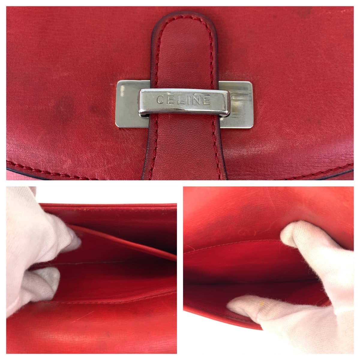 10770
CELINE セリーヌ ヴィンテージ レッド シルバー金具 レザー ショルダーバッグ ポシェット  レディース