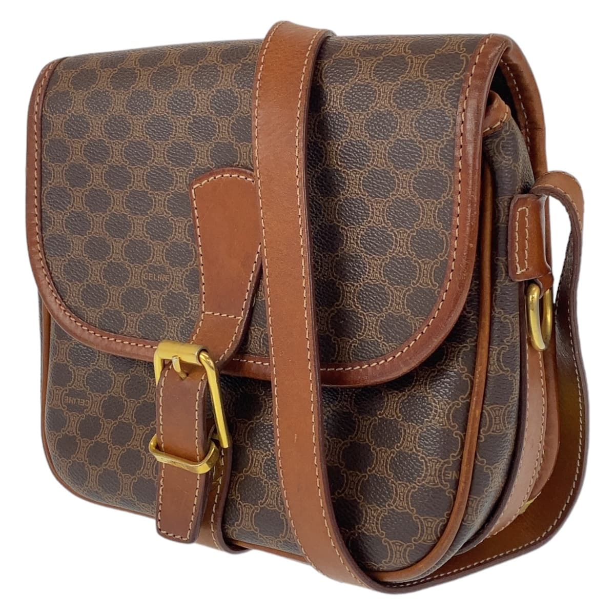 CELINE セリーヌ ヴィンテージ マカダム ブラウン 茶 ゴールド金具 レザー ショルダーバッグ 斜め掛け  レディース
