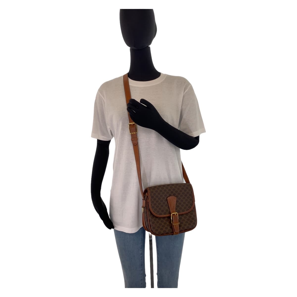 CELINE セリーヌ ヴィンテージ マカダム ブラウン 茶 ゴールド金具 レザー ショルダーバッグ 斜め掛け  レディース