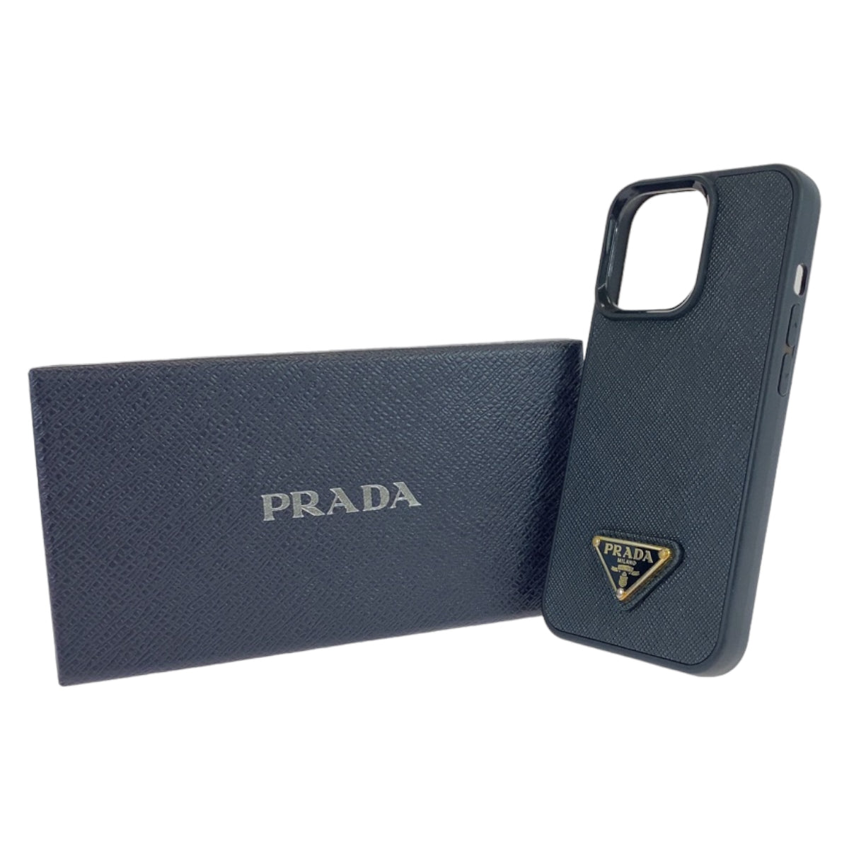 PRADA Prada Saffiano Triangle Logo Plate Black Gold Hardware Leather Mobile Phone/Smartphone Accessories iPhone 14 Pro Unisex Men's
