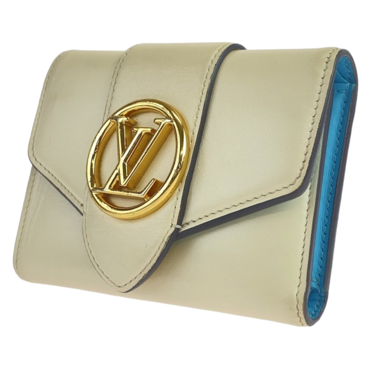 LOUIS VUITTON ルイヴィトン ポンヌフ ホワイト クリーム ライトブルー 水色 レザー M69176 三つ折り財布 コンパクトウォレット  レディース