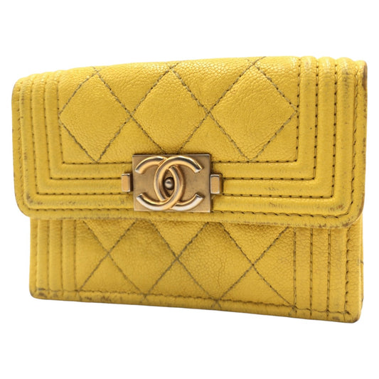 CHANEL シャネル ボーイシャネル ココマーク イエロー 黄 ゴールド金具 レザー 三つ折り財布 コンパクトウォレット  レディース