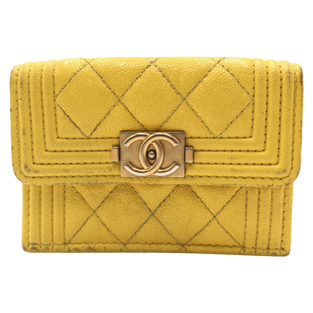 CHANEL シャネル ボーイシャネル ココマーク イエロー 黄 ゴールド金具 レザー 三つ折り財布 コンパクトウォレット  レディース