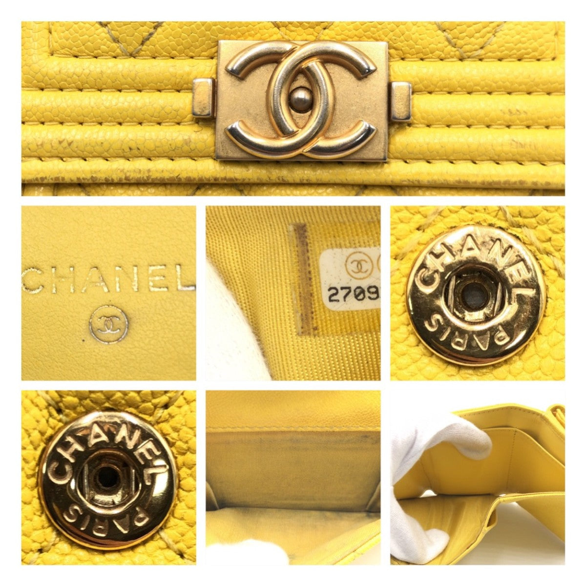 CHANEL シャネル ボーイシャネル ココマーク イエロー 黄 ゴールド金具 レザー 三つ折り財布 コンパクトウォレット  レディース