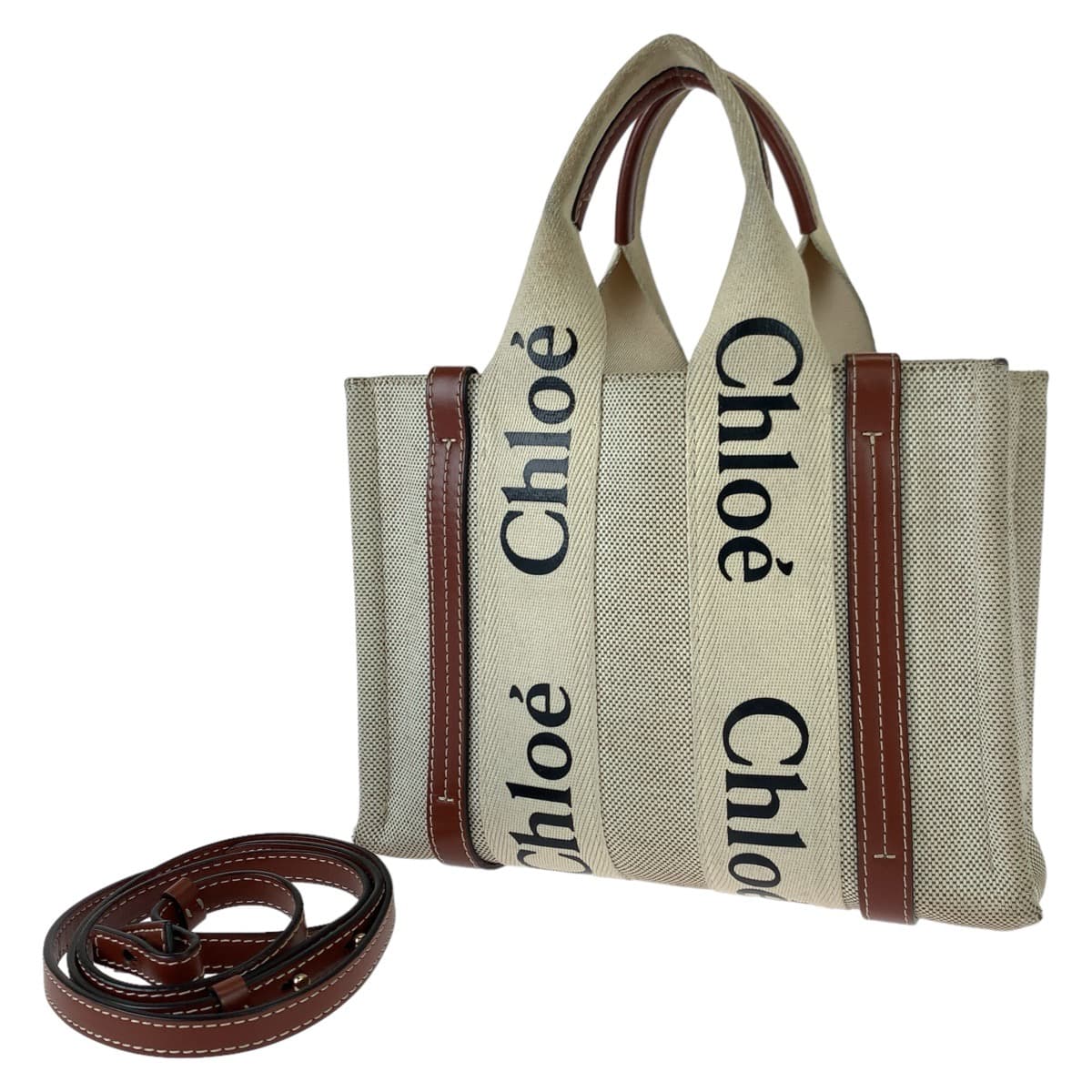 Chloe クロエ ウッディ ベージュ ブラウン 茶 ゴールド金具 キャンバス / レザー ショルダーバッグ ハンドバッグ 2way  レディース