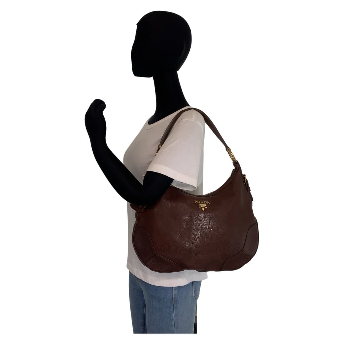 PRADA Hobo Brown Gold Hardware Leather Shoulder Bag for Women