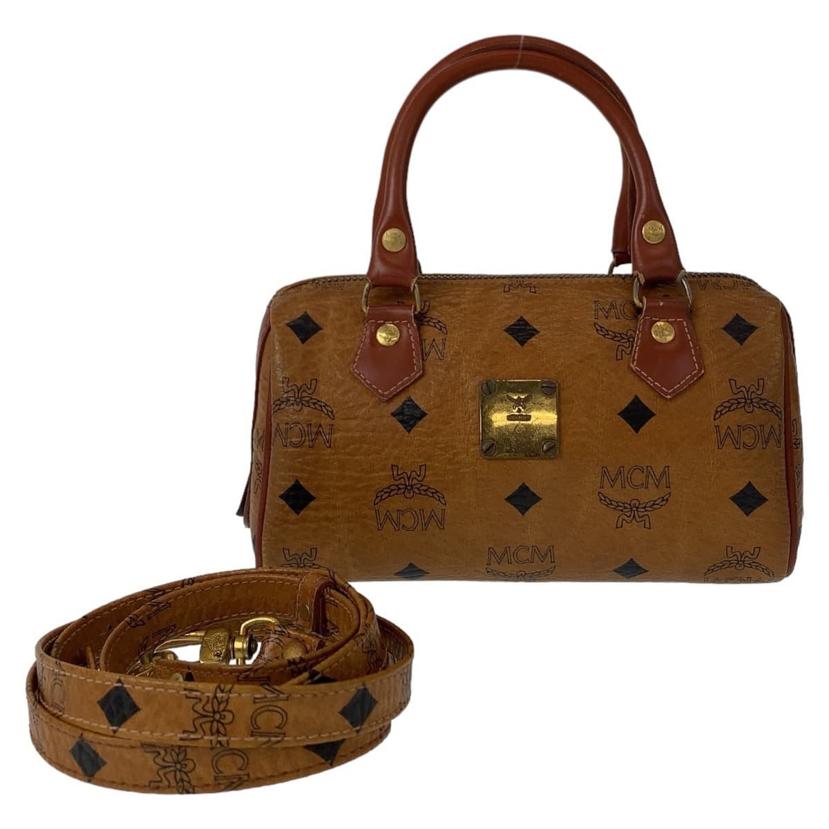 10827
MCM エム シー エム ヴィンテージ ヴィセトス モノグラム ブラウン コニャック ゴールド金具 PVC ミニボストンバッグ 斜め掛け ショルダーバッグ  レディース