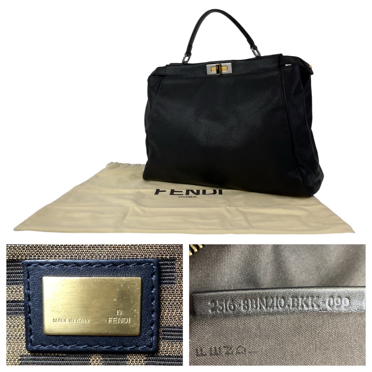 FENDI フェンディ ピーカブーラージ 男女兼用 ブラック 黒 ゴールド金具 レザー 8BN210 ハンドバッグ ビジネスバッグ A4対応  レディース