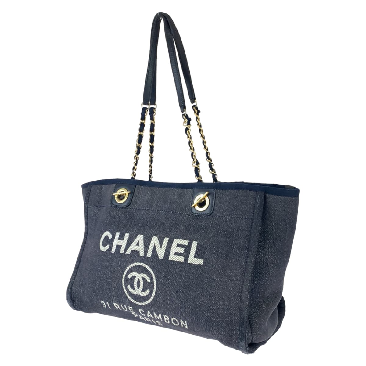 CHANEL シャネル ドーヴィルMM ココマーク ネイビー ゴールド金具 デニム ショルダーバッグ トートバッグ  レディース