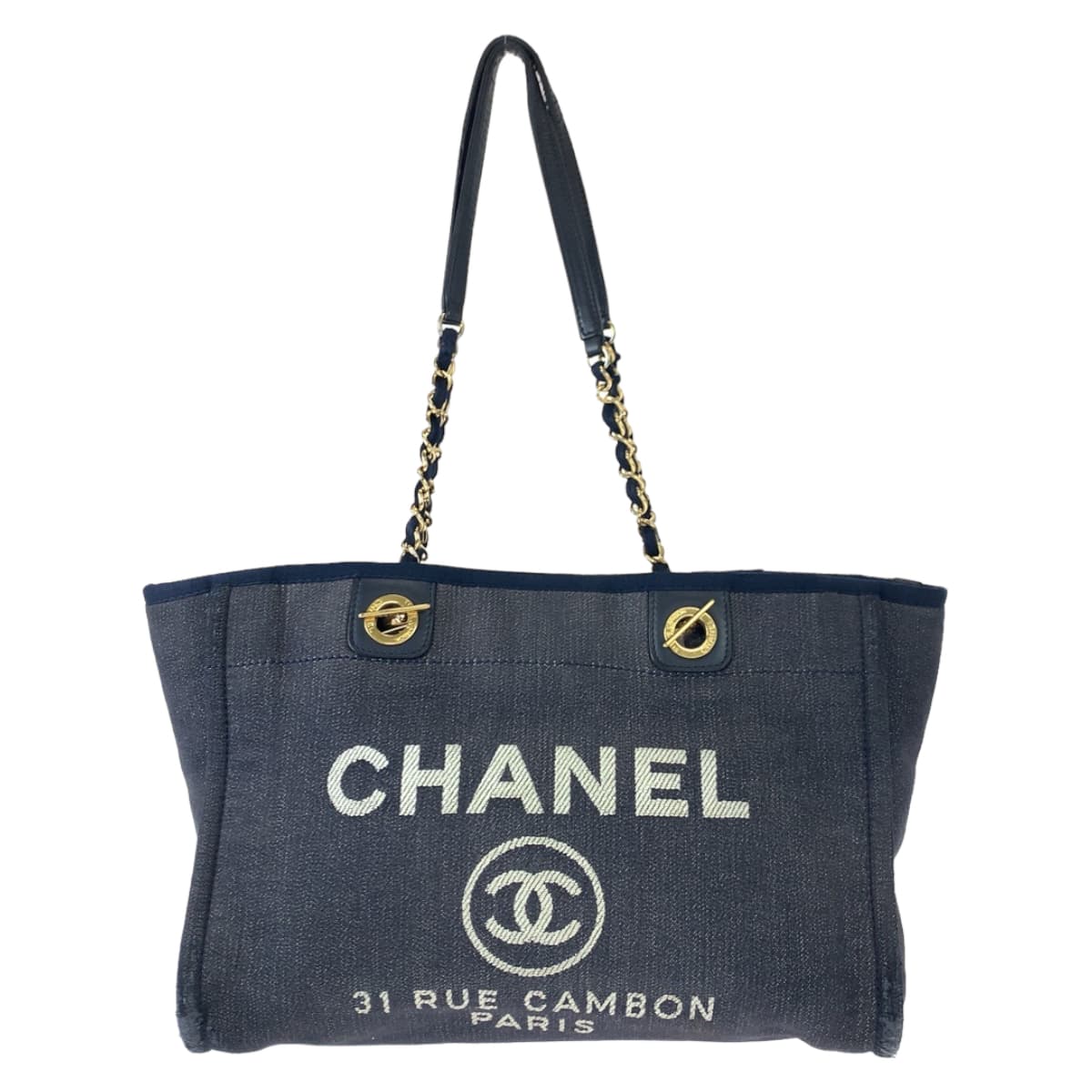 CHANEL シャネル ドーヴィルMM ココマーク ネイビー ゴールド金具 デニム ショルダーバッグ トートバッグ  レディース