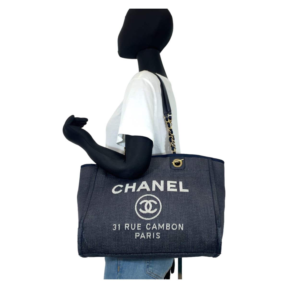 CHANEL シャネル ドーヴィルMM ココマーク ネイビー ゴールド金具 デニム ショルダーバッグ トートバッグ  レディース