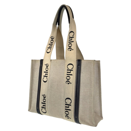Chloe クロエ ウッディ ミディアム ホワイト 白 キャンバス ショルダーバッグ トートバッグ  レディース