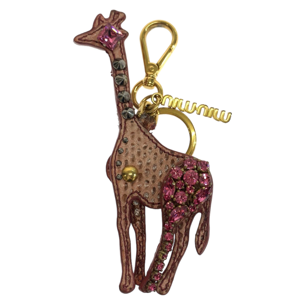 Miu Miu Giraffe Charm Pink Gold Hardware Leather / Rhinestone Key Holder Key Ring Bag Charm for Women