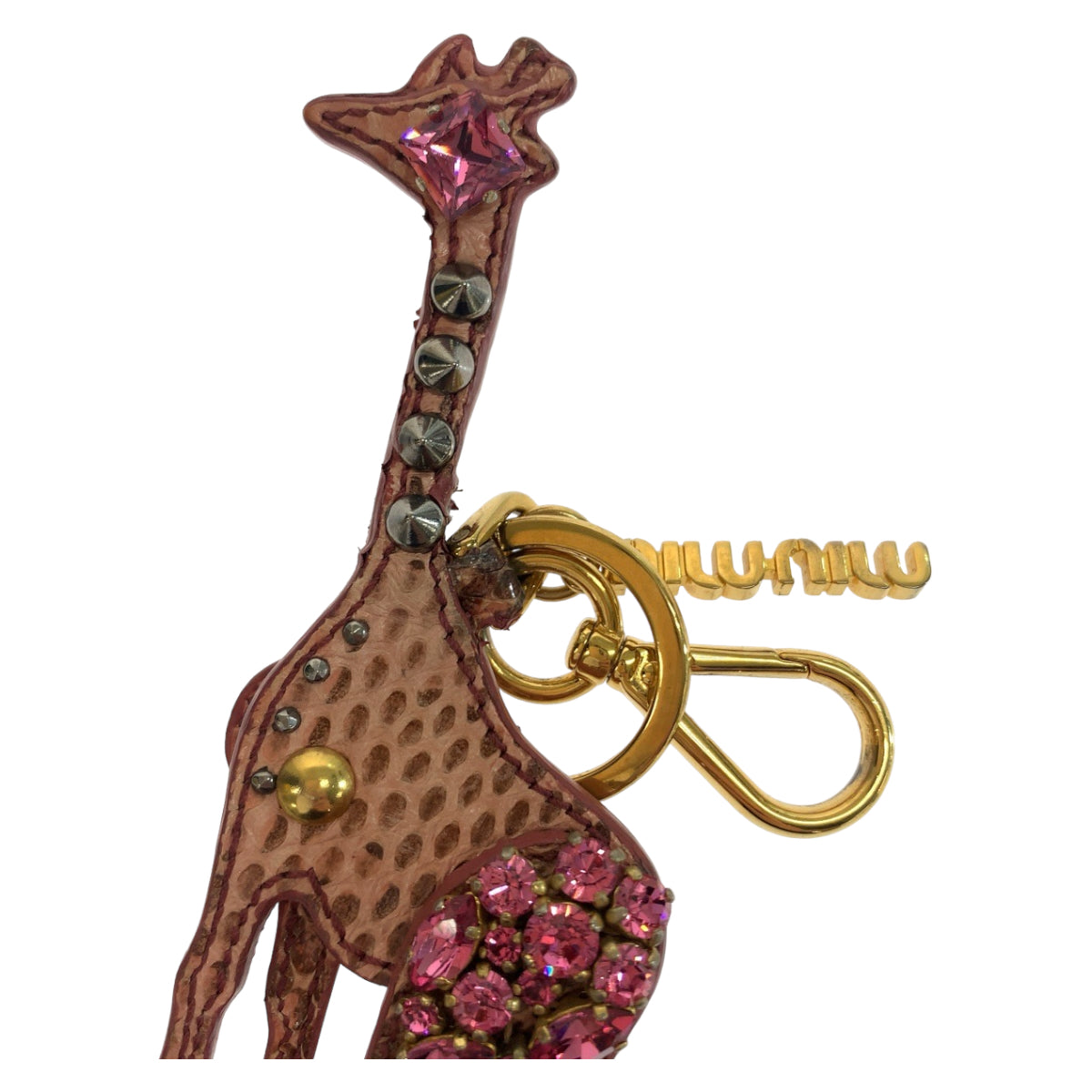 Miu Miu Giraffe Charm Pink Gold Hardware Leather / Rhinestone Key Holder Key Ring Bag Charm for Women