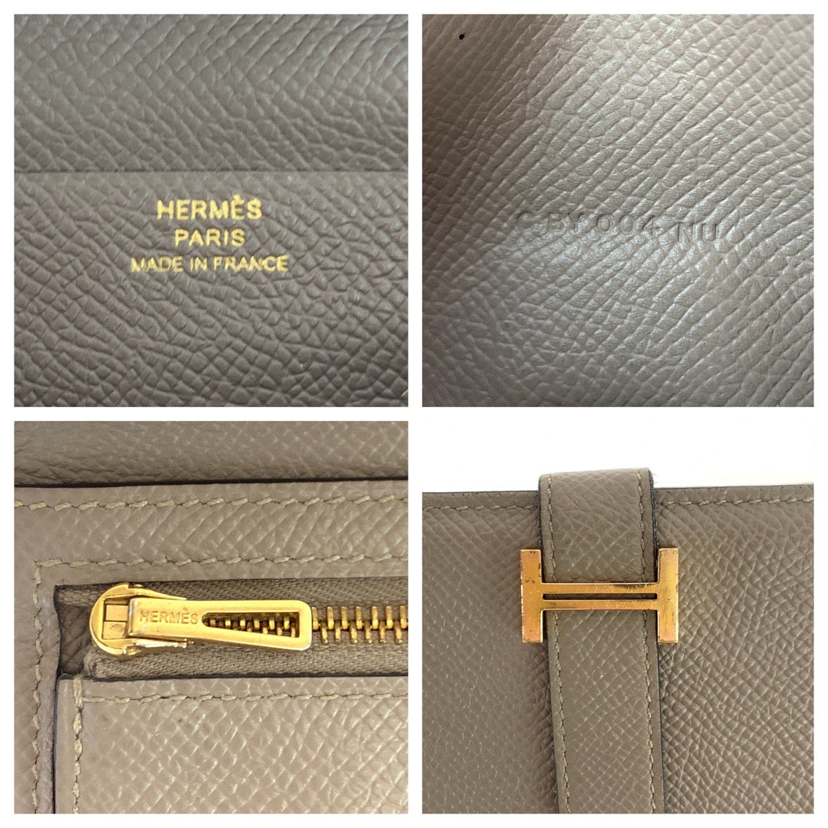 HERMES エルメス べアン グリアスファルト ベージュ ゴールド金具 レザー 二つ折り財布 ロングウォレット 男女兼用 c刻印  レディース