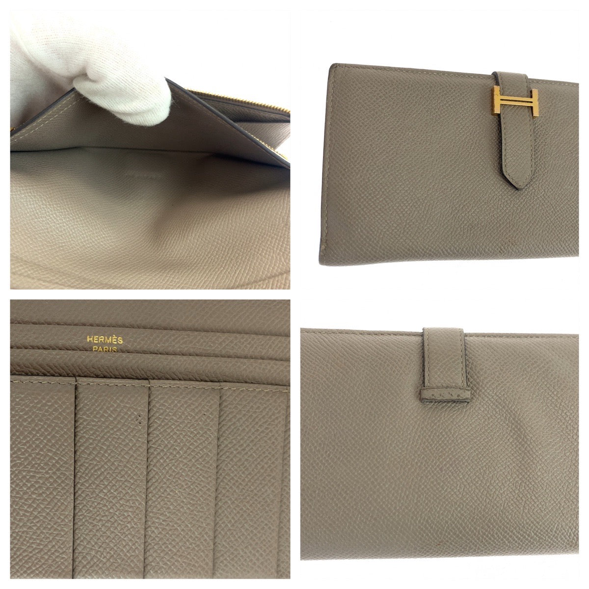 HERMES エルメス べアン グリアスファルト ベージュ ゴールド金具 レザー 二つ折り財布 ロングウォレット 男女兼用 c刻印  レディース