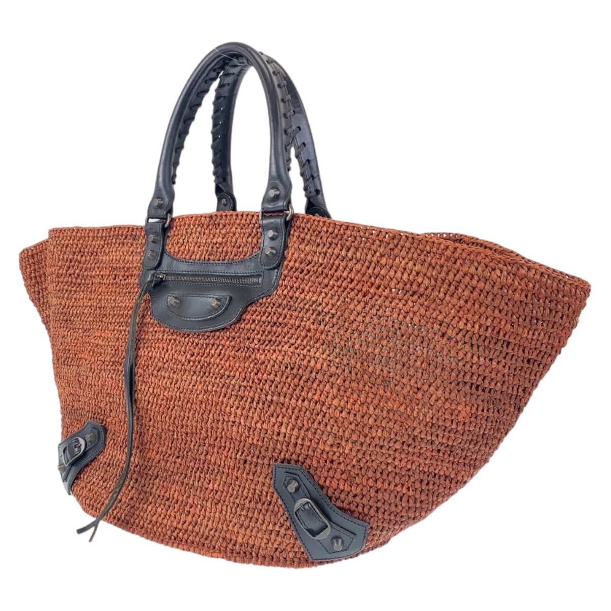 BALENCIAGA バレンシアガ ブラウン 茶 ブラック 黒 ラフィア / レザー トートバッグ カゴバッグ   レディース