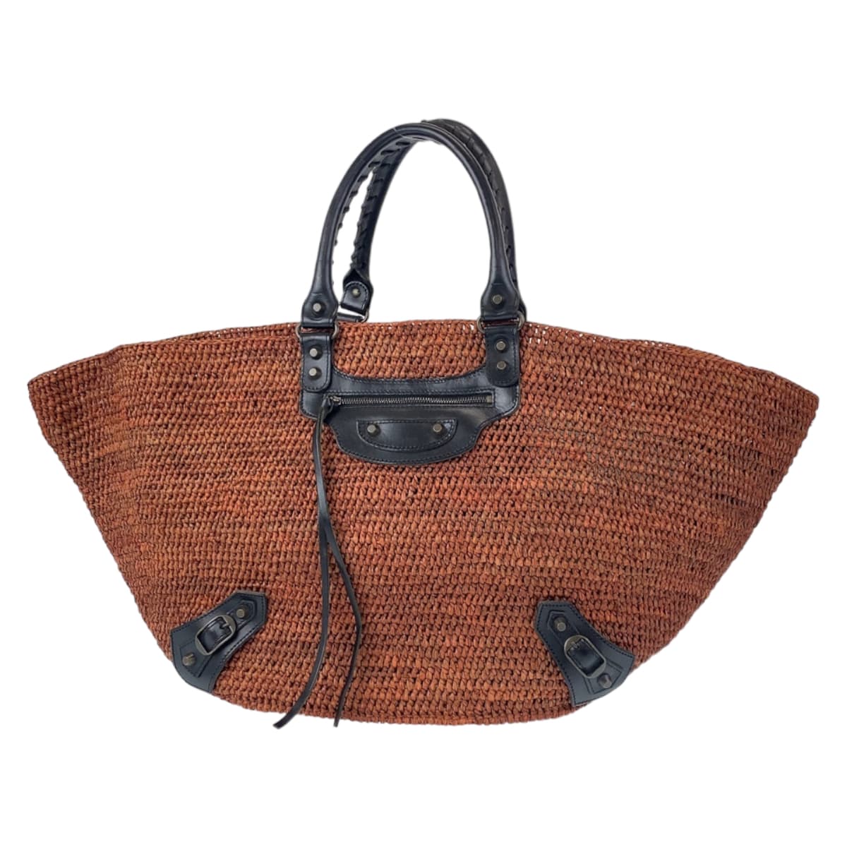 BALENCIAGA バレンシアガ ブラウン 茶 ブラック 黒 ラフィア / レザー トートバッグ カゴバッグ   レディース