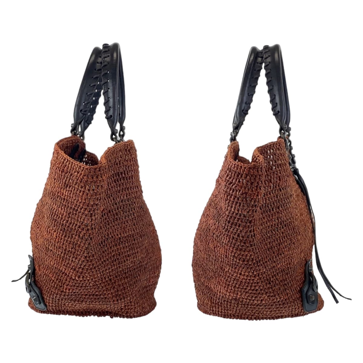 BALENCIAGA バレンシアガ ブラウン 茶 ブラック 黒 ラフィア / レザー トートバッグ カゴバッグ   レディース