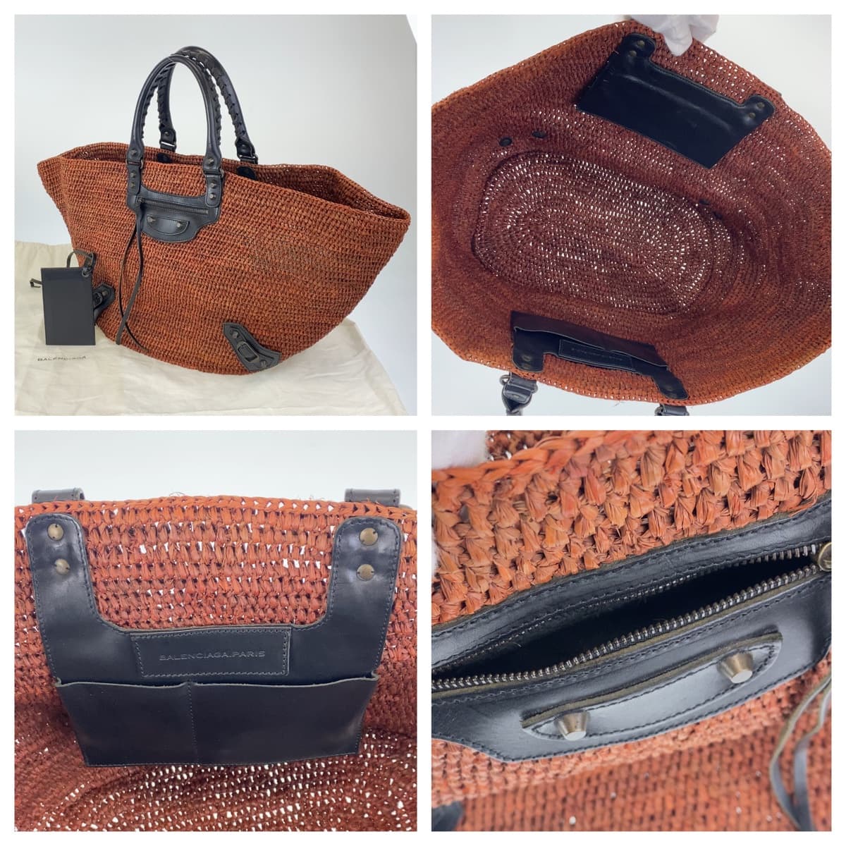 BALENCIAGA バレンシアガ ブラウン 茶 ブラック 黒 ラフィア / レザー トートバッグ カゴバッグ   レディース