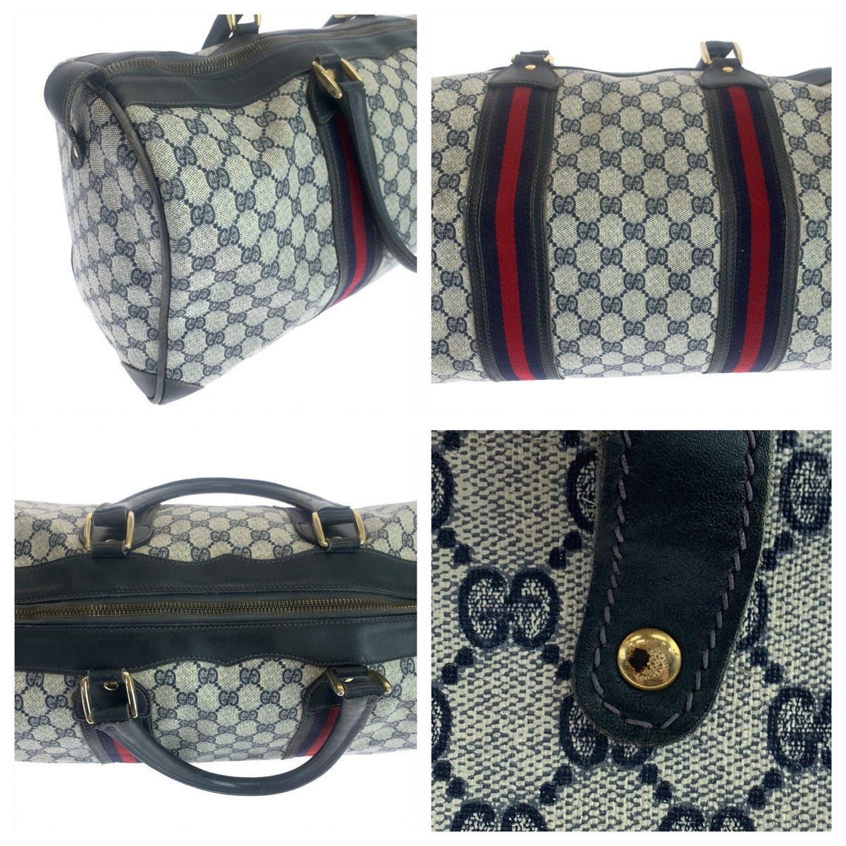 GUCCI グッチ ヴィンテージ オールドグッチ シェリーライン グレー ネイビー 紺 ゴールド金具 GGスプリームキャンバス ボストンバッグ 旅行バッグ  レディース