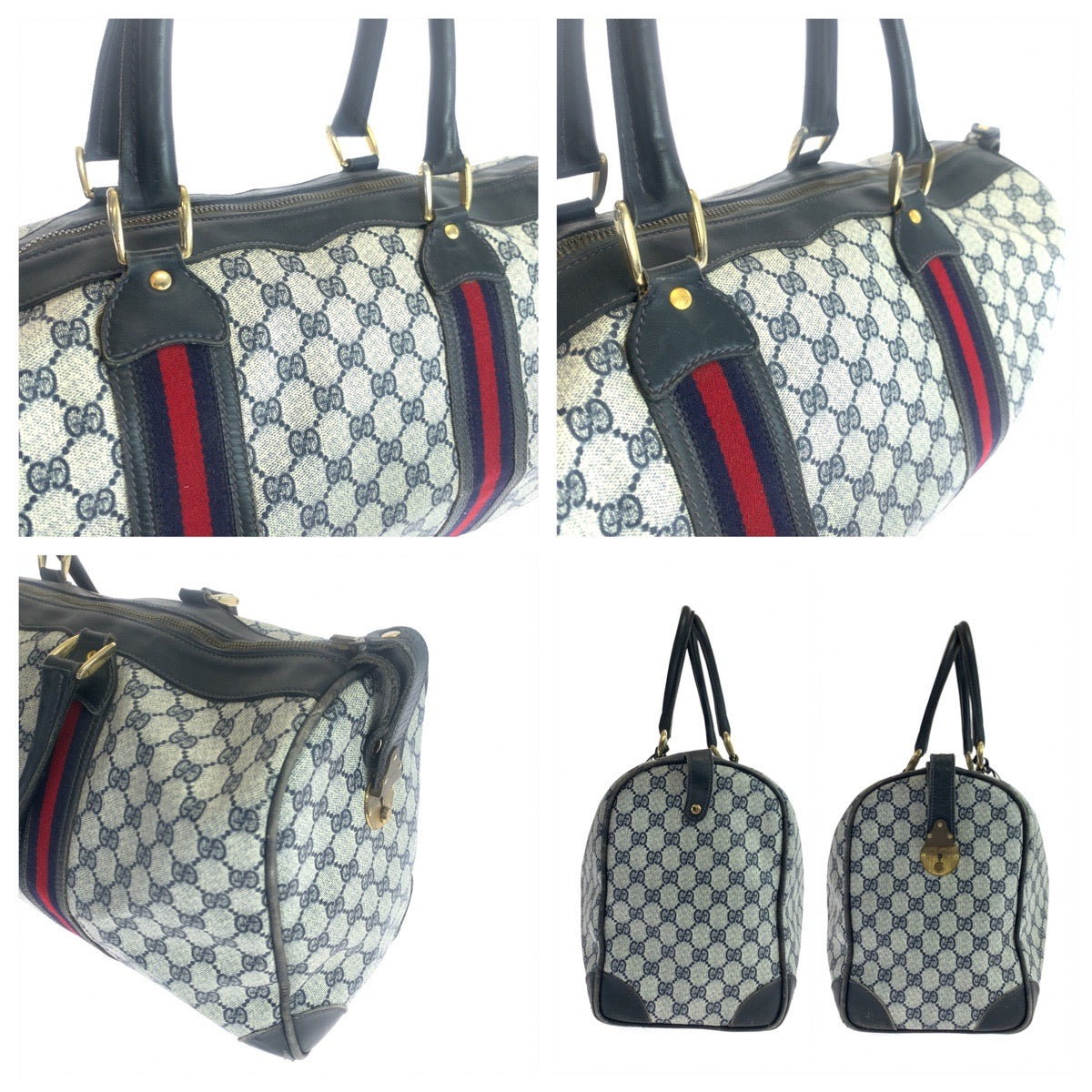GUCCI グッチ ヴィンテージ オールドグッチ シェリーライン グレー ネイビー 紺 ゴールド金具 GGスプリームキャンバス ボストンバッグ 旅行バッグ  レディース