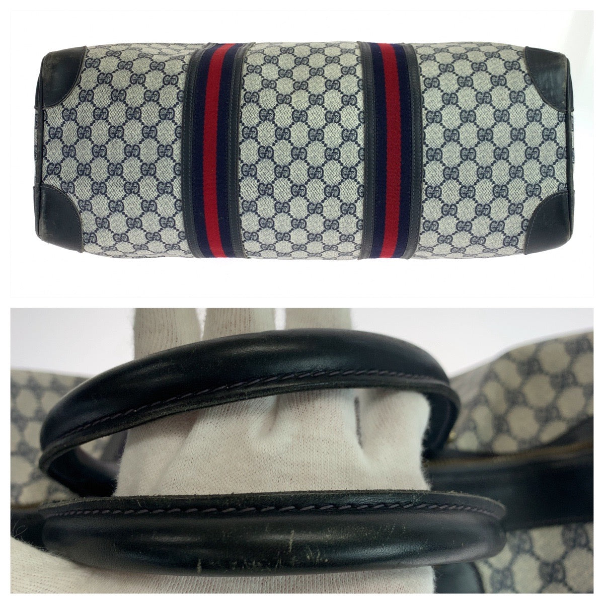GUCCI グッチ ヴィンテージ オールドグッチ シェリーライン グレー ネイビー 紺 ゴールド金具 GGスプリームキャンバス ボストンバッグ 旅行バッグ  レディース