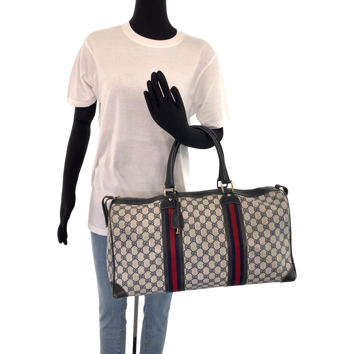 GUCCI グッチ ヴィンテージ オールドグッチ シェリーライン グレー ネイビー 紺 ゴールド金具 GGスプリームキャンバス ボストンバッグ 旅行バッグ  レディース