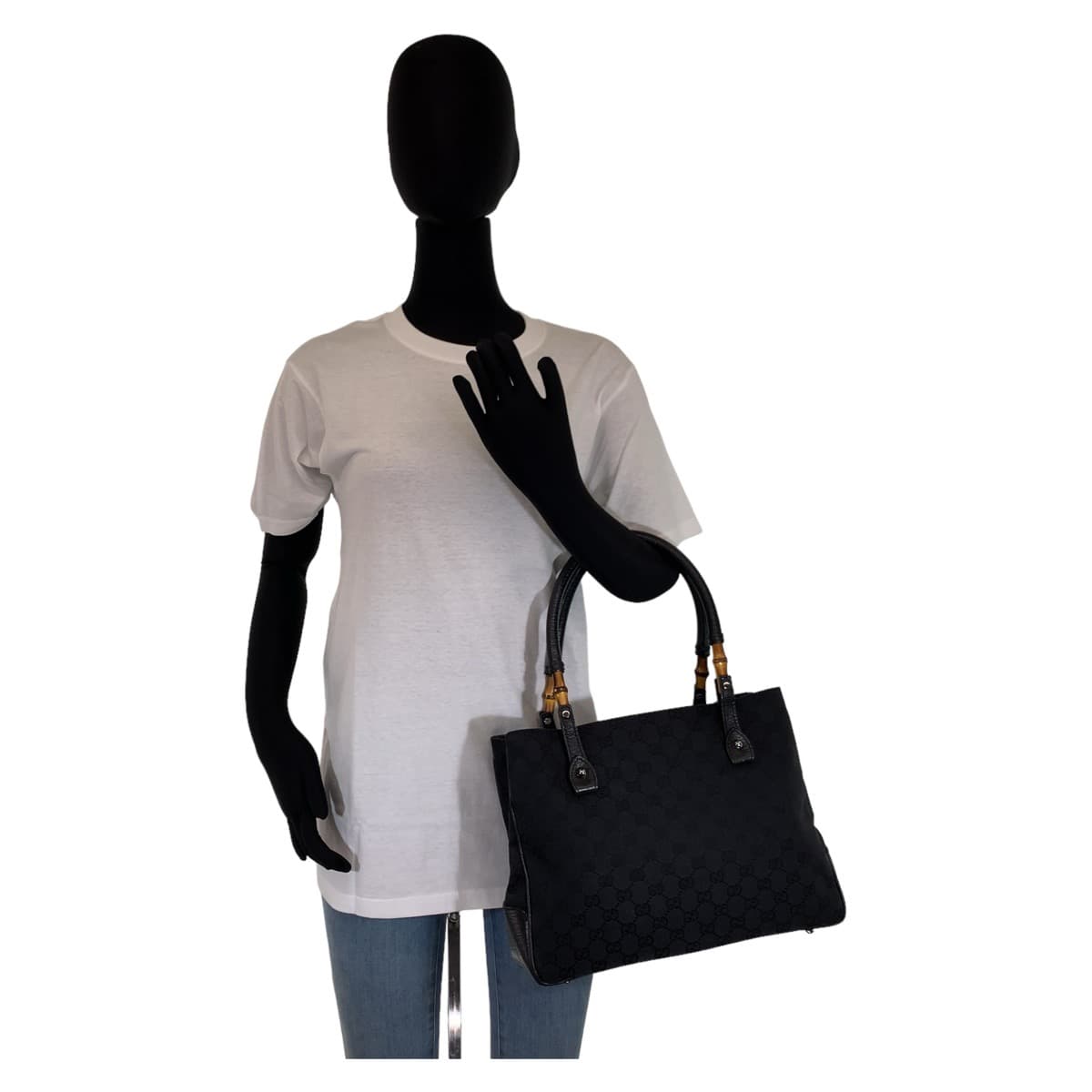 10880
GUCCI グッチ バンブー GG柄 ブラック 黒 シルバー金具 GGキャンバス 112526 ハンドバッグ トートバッグ  レディース