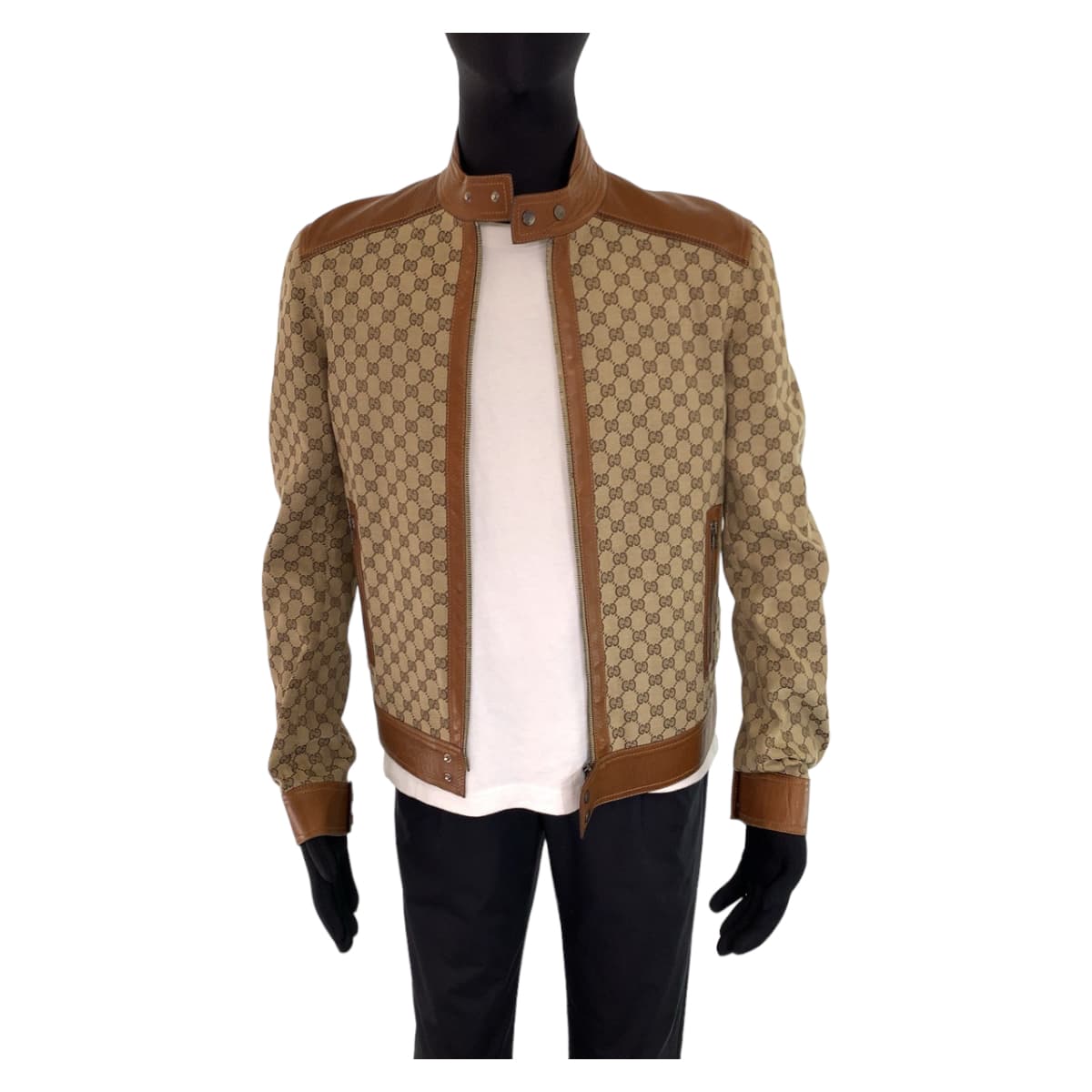 GUCCI グッチ ヴィンテージ サイズ46 ベージュ ブラウン シルバー金具 GGキャンバス / カーフ ライダーズジャケット レザージャケット  メンズ