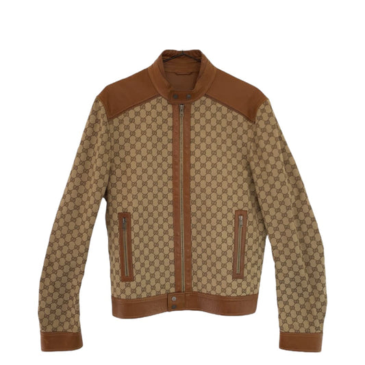 GUCCI グッチ ヴィンテージ サイズ46 ベージュ ブラウン シルバー金具 GGキャンバス / カーフ ライダーズジャケット レザージャケット  メンズ