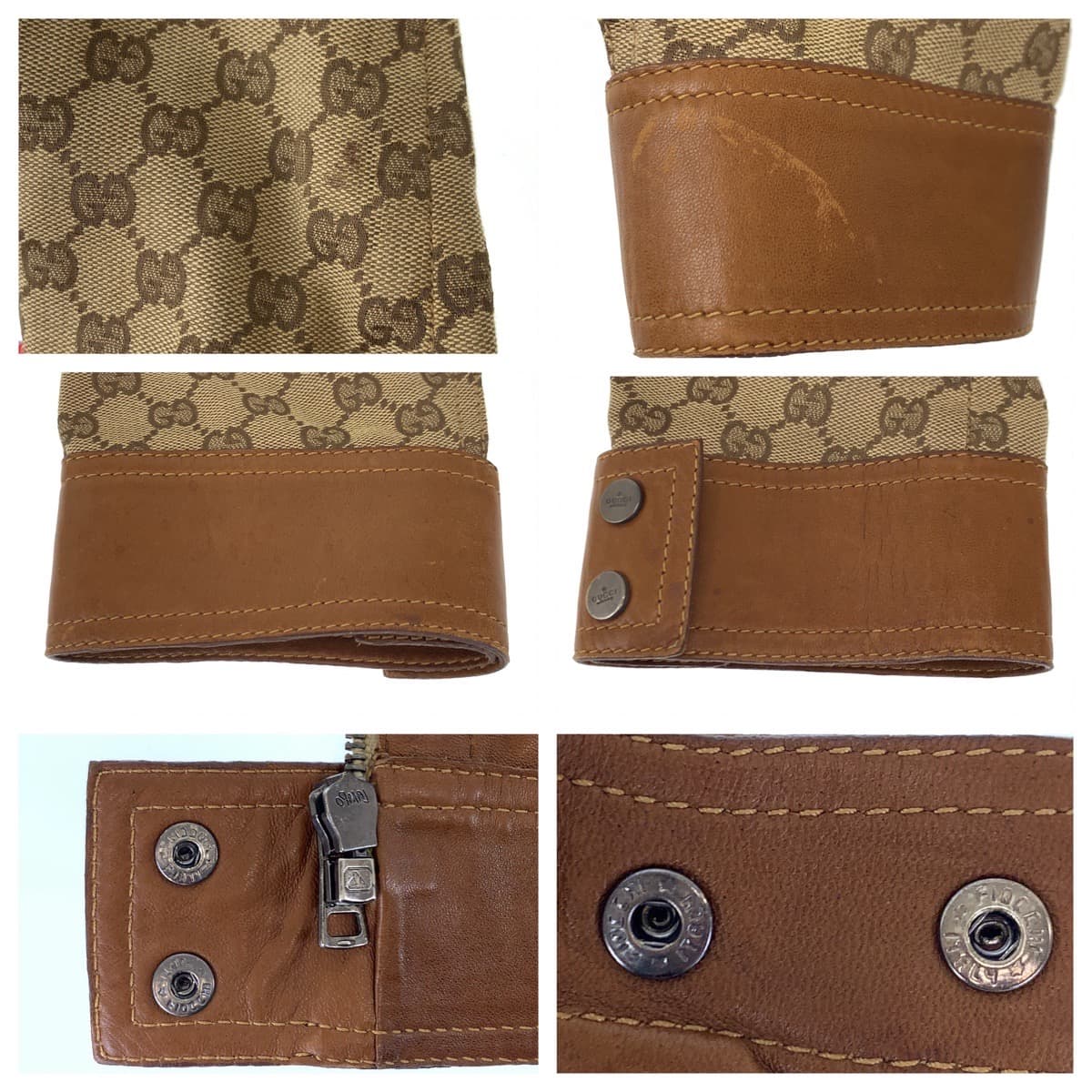 GUCCI グッチ ヴィンテージ サイズ46 ベージュ ブラウン シルバー金具 GGキャンバス / カーフ ライダーズジャケット レザージャケット  メンズ