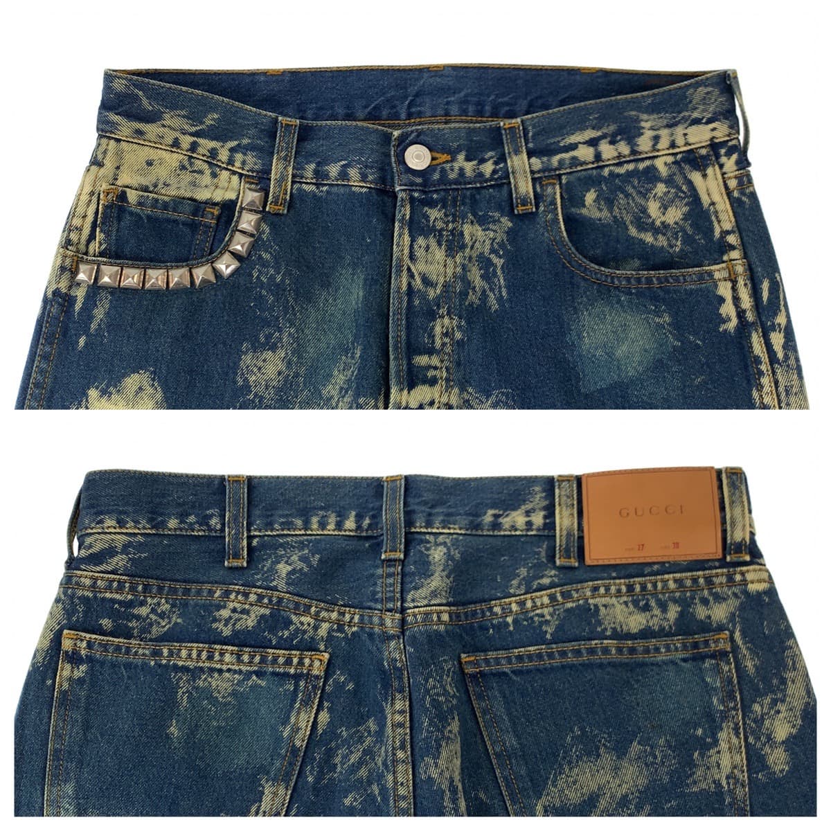 GUCCI グッチ サイズ30 インディゴ オフホワイト シルバー金具 コットンデニム 17SS 452428 XR364 デニムパンツ スタッズブリーチ加工 ボタンフライ  メンズ