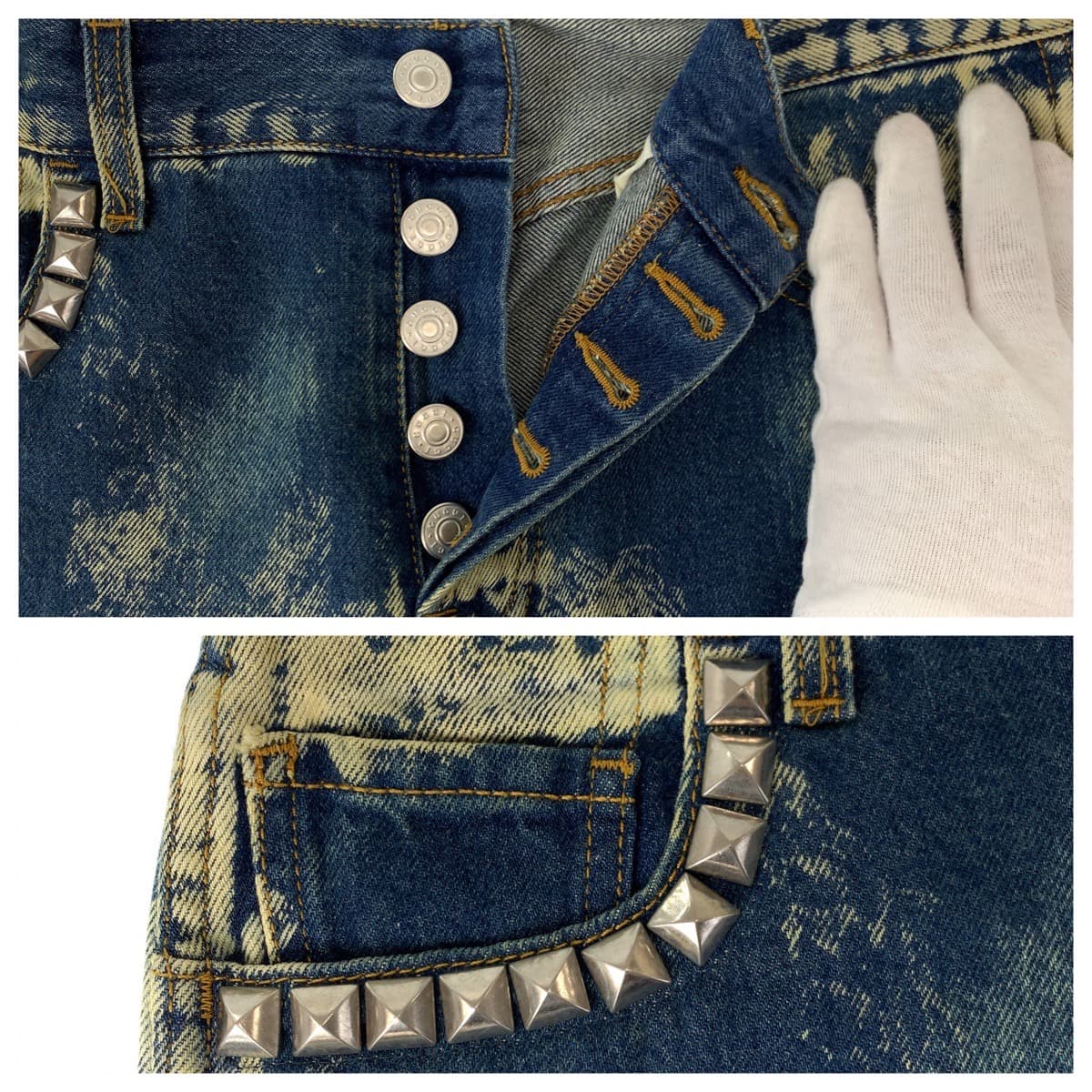 GUCCI グッチ サイズ30 インディゴ オフホワイト シルバー金具 コットンデニム 17SS 452428 XR364 デニムパンツ スタッズブリーチ加工 ボタンフライ  メンズ